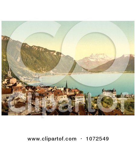 Photochrom of Montreux on the Shore of Geneva Lake, Switzerland - Royalty Free Historical Stock Photography by JVPD