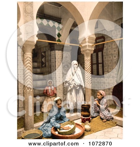 Photochrom of Moorish Women Preparing Couscous, Algeria - Royalty Free Historical Stock Photography by JVPD