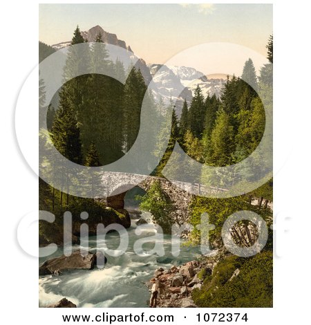 Photochrom of Moulins Bridge and Dent du Midi, Switzerland - Royalty Free Historical Stock Photography by JVPD