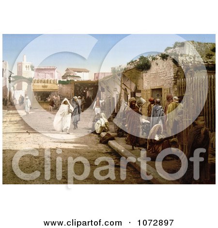 Photochrom of Pedestrians on Marr Street, Tunis, Tunisia in 1899 - Royalty Free Historical Stock Photography by JVPD