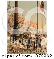 Photochrom Of People Feeding Birds Near Doges Palace And Columns Venice Royalty Free Historical Stock Photography
