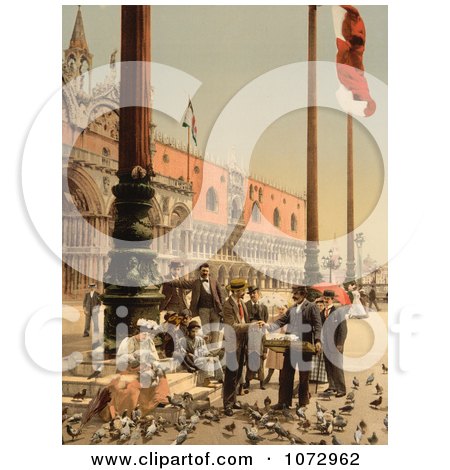 Photochrom of People Feeding Birds Near Doges’ Palace and Columns, Venice - Royalty Free Historical Stock Photography by JVPD
