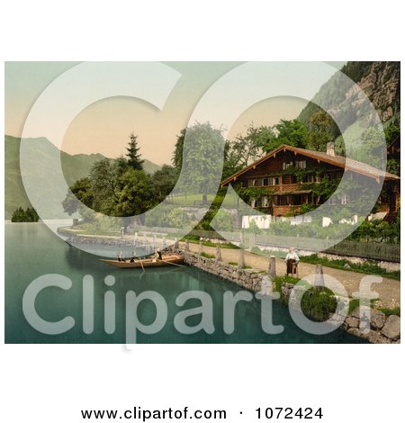 Photochrom of People in a Boat Near a House, Brienz Lake - Royalty Free Historical Stock Photography by JVPD
