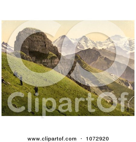 Photochrom of People on a Hillside Near the Swiss Alps Mountains - Royalty Free Historical Stock Photography by JVPD