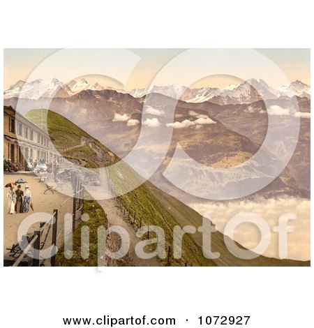 Photochrom of People on a Terrace, View of Brienzer Rothorn Mountain - Royalty Free Historical Stock Photography by JVPD