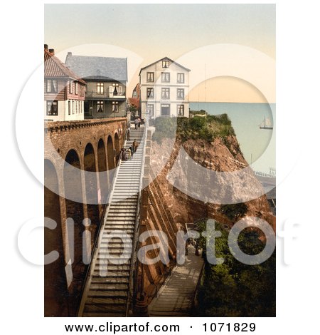 Photochrom of People on the Staircase at Heligoland, Germany - Royalty Free Historical Stock Photo  by JVPD