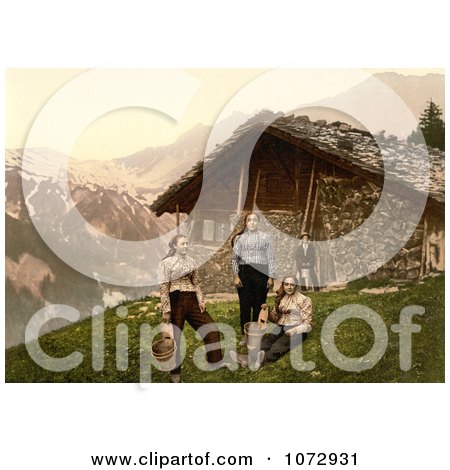 Photochrom of People Outside a House in Champery, Switzerland - Royalty Free Historical Stock Photography by JVPD