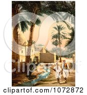 Photochrom Of People Walking Along A Stream Biskra Algeria Royalty Free Historical Stock Photography