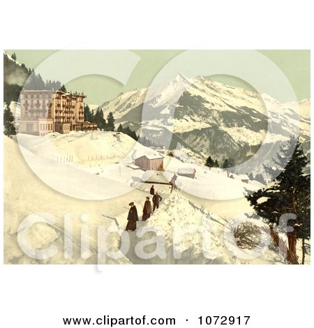 Photochrom of People Walking in a Snow Path, Leysin, Switzerland - Royalty Free Historical Stock Photography by JVPD