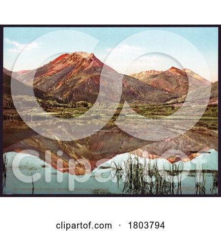 Photochrom of Photochrome of Red Mountain Reflecting in Crystal Lake in Ouray Colorado - Royalty Free Historical Stock Photography by JVPD