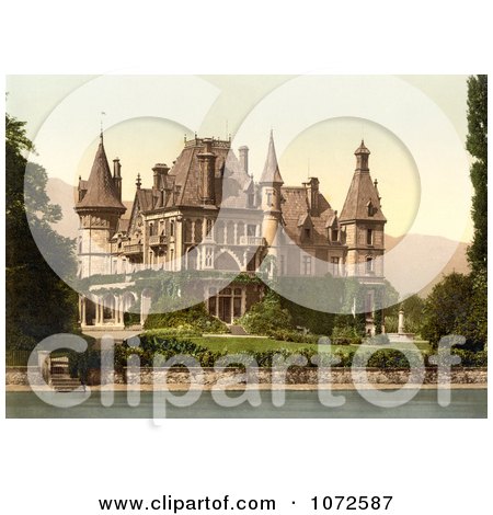 Photochrom of Shadau Castle on Lake Thun, Switzerland - Royalty Free Historical Stock Photography by JVPD