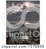 Photochrom Of Ships In The Algiers Harbor At Night Algeria Royalty Free Historical Stock Photography by JVPD