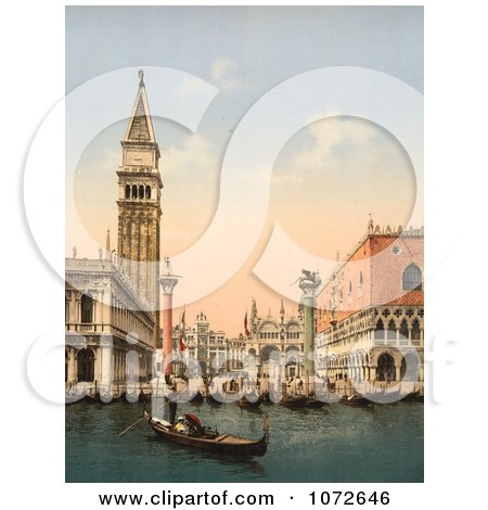 Photochrom of the Bell Tower and Boats, Venice, Italy - Royalty Free Historical Stock Photography by JVPD