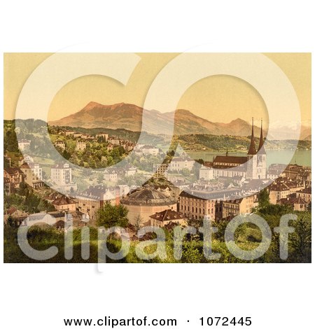 Photochrom of the City of Lucerne and Rigi Mountain in Switzerland - Royalty Free Historical Stock Photography by JVPD