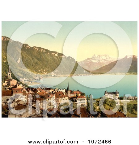 Photochrom of the City of Montreux on Geneva Lake - Royalty Free Historical Stock Photography by JVPD