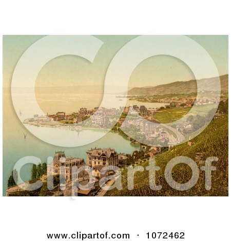 Photochrom of the Coastal Village of Montreux and Clarens, Switzerland - Royalty Free Historical Stock Photography by JVPD