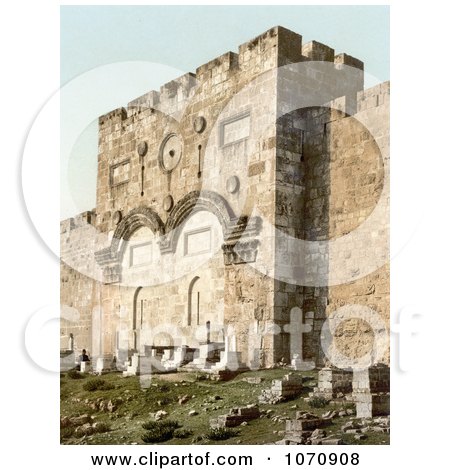 Photochrom of the Golden Gate, Gate of Mercy, Gate of Eternal Life, and Beautiful Gate, Jerusalem - Royalty Free Historical Stock Photo by JVPD