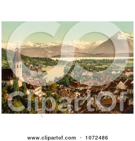 Photochrom of the Village of Thun and Lake Thun in Switzerland - Royalty Free Historical Stock Photography by JVPD
