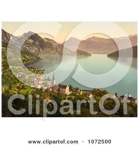 Photochrom of the Village of Weggis on Lake Lucerne - Royalty Free Historical Stock Photography by JVPD