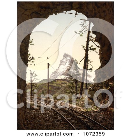 Photochrom of Train Tracks in a Tunnel and Matterhorn Mountain - Royalty Free Historical Stock Photography by JVPD