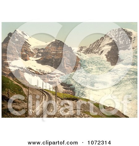 Photochrom of Train Tracks Near Jungfrau, Eiger and Monch Mountains - Royalty Free Historical Stock Photography by JVPD