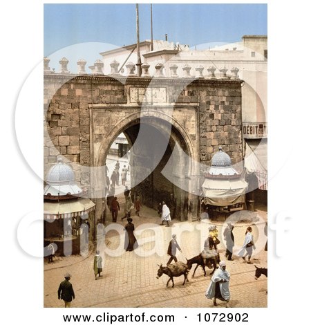 Photochrom of Vendors and Pedestrians at the French Gate, Tunis, Tunisia - Royalty Free Historical Stock Photography by JVPD