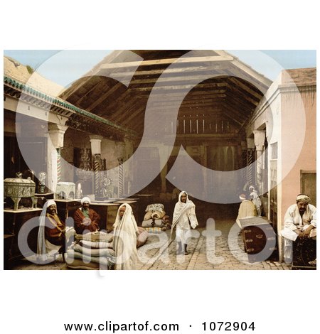 Photochrom of Vendors at a Bazaar, Tunis, Tunisia - Royalty Free Historical Stock Photography by JVPD