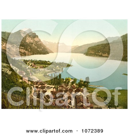 Photochrom of Wallenstadt Lake and Aliver Mountains, Switzerland - Royalty Free Historical Stock Photography by JVPD