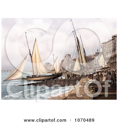 Photochrom of Yachts and Waterfront Buildings in Hastings Sussex England - Royalty Free Historical Stock Photography by JVPD