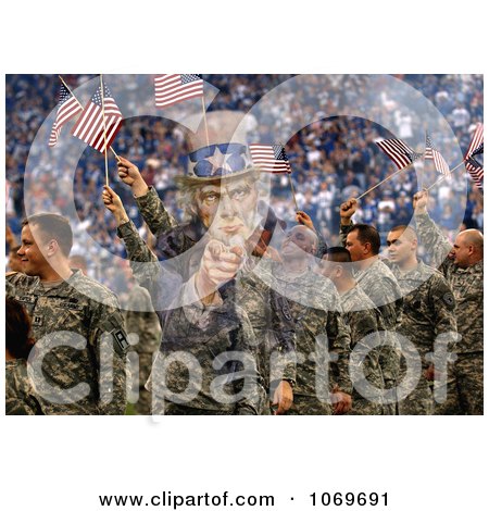 Picture Of Uncle Sam Merged With Soldiers Waving American Flags - Royalty Free Historical Stock Image by JVPD