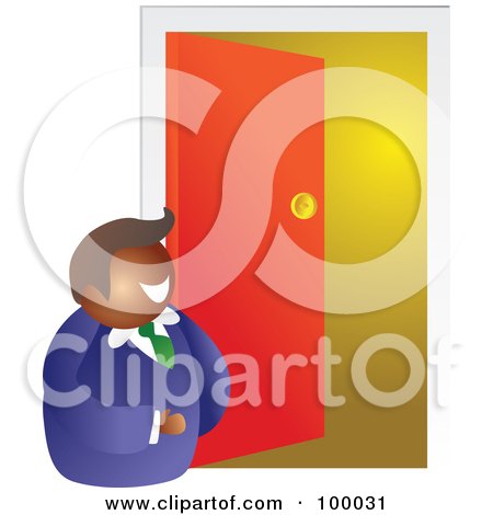 Royalty-Free (RF) Clipart Illustration of a Salesman Standing At An Open Door by Prawny