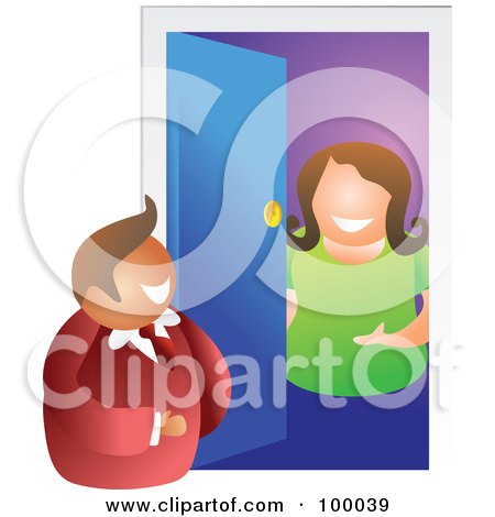 Royalty-Free (RF) Clipart Illustration of a Woman Opening A Door To See A Salesman by Prawny
