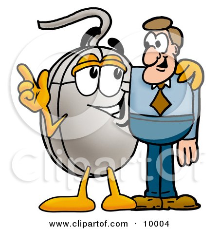 Clipart Picture of a Computer Mouse Mascot Cartoon Character Talking to a Business Man by Mascot Junction