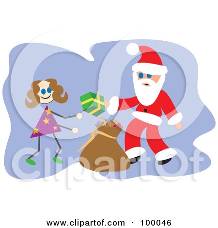 Royalty-Free (RF) Clipart Illustration of Santa Giving A Gift To A Stick Girl by Prawny