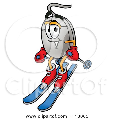 Clipart Picture of a Computer Mouse Mascot Cartoon Character Skiing Downhill by Mascot Junction