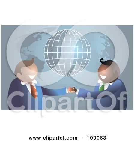 Royalty-Free (RF) Clipart Illustration of a Business Men Shaking Hands Over A Map And Globe by Prawny