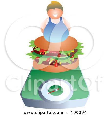 Royalty-Free (RF) Clipart Illustration of a Chubby Man On A Hamburger On A Scale by Prawny