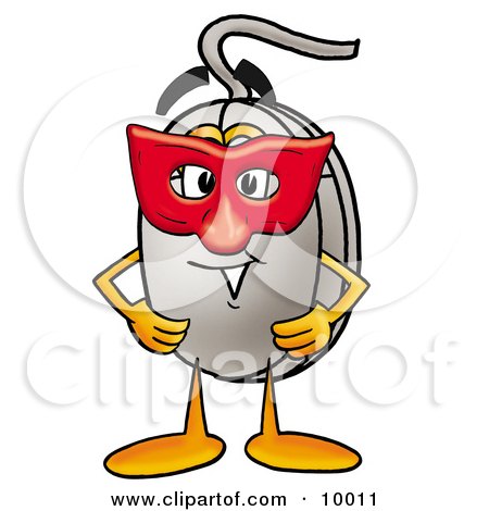 Clipart Picture of a Computer Mouse Mascot Cartoon Character Wearing a Red Mask Over His Face by Mascot Junction