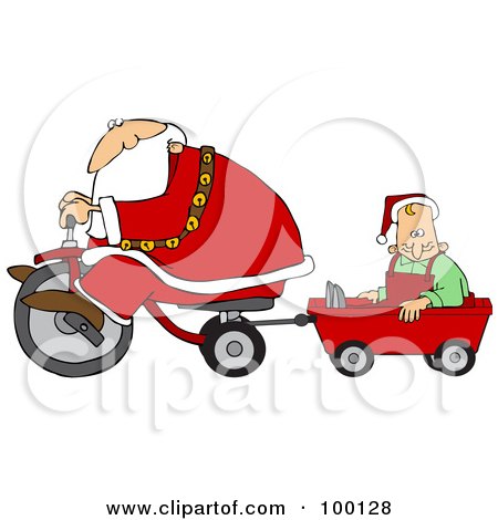 Royalty-Free (RF) Clipart Illustration of Santa Riding A Trike And Pulling An Elf In A Wagon by djart