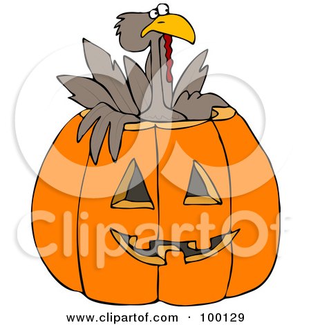 Royalty-Free (RF) Clipart Illustration of a Turkey Bird Popping Out Of A Carved Halloween Pumpkin by djart