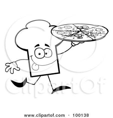 Royalty-Free (RF) Clipart Illustration of an Outlined Chef Hat Guy Carrying A Pizza by Hit Toon