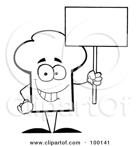 Royalty-Free (RF) Clipart Illustration of an Outlined Chef Hat Guy Holding A Blank Sign by Hit Toon