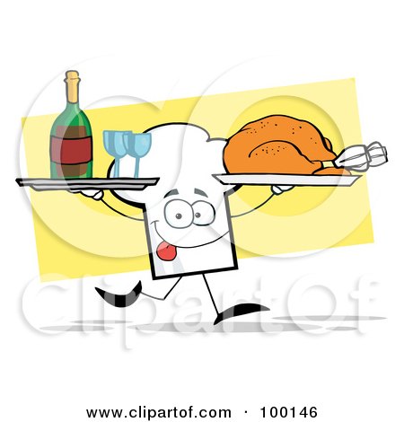 Royalty-Free (RF) Clipart Illustration of a Chef Hat Guy Serving Red Wine And Turkey by Hit Toon