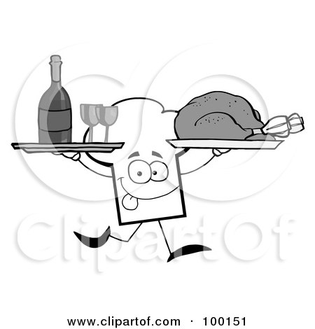 Royalty-Free (RF) Clipart Illustration of a Grayscale Chef Hat Guy Serving Wine And Turkey by Hit Toon