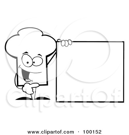Royalty-Free (RF) Clipart Illustration of an Outlined Chef Hat Guy Presenting A Blank Sign by Hit Toon