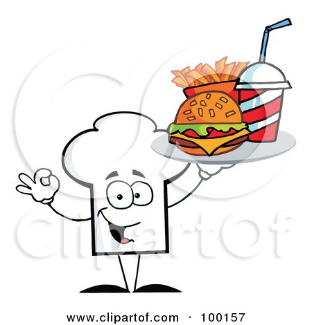 Royalty-Free (RF) Clipart Illustration of a Chef Hat Guy Serving Fast Food by Hit Toon