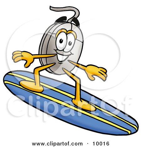 Clipart Picture of a Computer Mouse Mascot Cartoon Character Surfing on a Blue and Yellow Surfboard by Mascot Junction