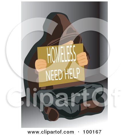 Royalty-Free (RF) Clipart Illustration of a Poor Man Holding A Homeless Need Help Sign by mayawizard101