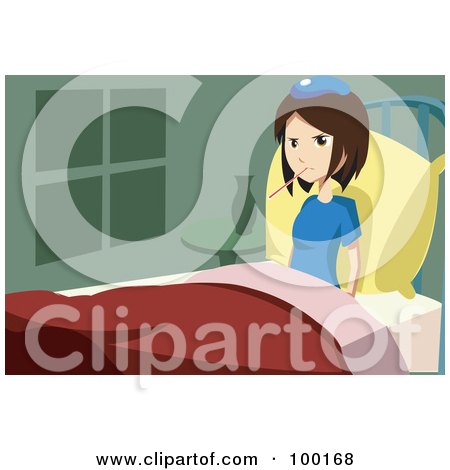 Royalty-Free (RF) Clipart Illustration of a Sick Brunette Girl In Bed With A Thermometer In Her Mouth by mayawizard101