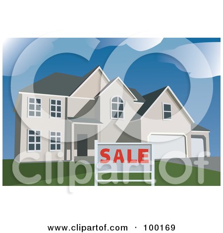 Royalty-Free (RF) Clipart Illustration of a Sale Sign In Front Of A Two Story Modern Home by mayawizard101